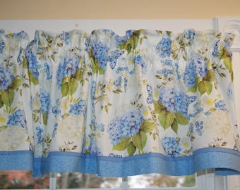 Hydrangea Blue Cream Floral Valance – 17x43 Handmade Window Topper – Cottage Farmhouse Curtain – Green White Gold Window Treatment