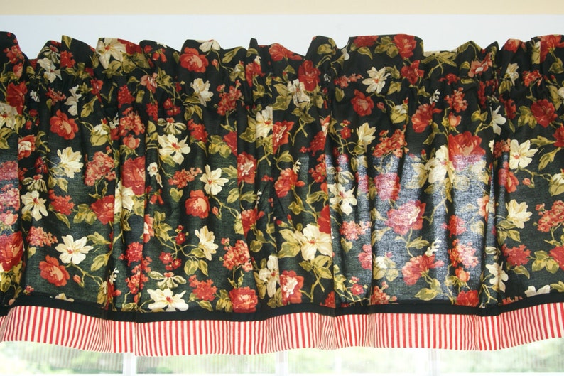 Black Red White Floral Toile Valance 17 x 81 Can Alter Curtain Window Treatment