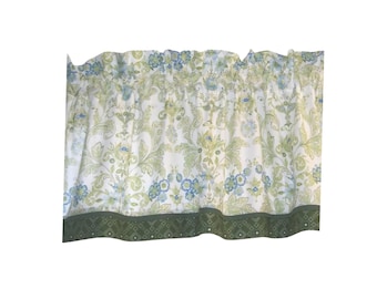 Green Blue Floral Valance 17x44 – Gray Sky Marianna Curtain – Handmade White Window Topper for Kitchen, Bath, or Living Room
