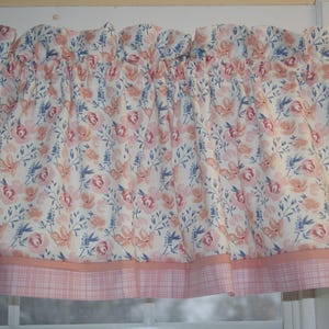 Pink Rose Blue Floral Valance 17x44 | White Curtain Topper | Cottage Chic Rod Pocket Window Treatment | Handmade Drapes Décor Custom Jobs