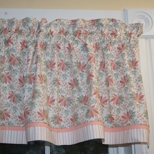 Pink Leaf Valance Curtain – 17x44 White Rod Pocket Window Topper | Handmade Cottagecore Drapes with Pink Accent Trim