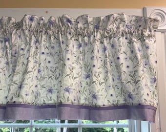 Lavender Floral Window Valance 17 x 44 | Handmade Gray Leaves White Farmhouse Cottage Curtain Topper | Kitchen Bathroom | Free US Shipping