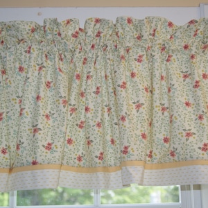 Pink Floral Valance – 17” x 44” – Rose Lime Beige Curtain – Yellow Stripe Trim – Handmade & Custom Window Treatment Dressing Drapes Décor