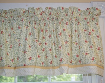 Cenefa floral rosa - 43 x 112 cm - Cortina beige lima rosa - Ribete de rayas amarillas - Cortinas decorativas hechas a mano y personalizadas