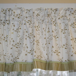 White Olive Green Bird Valance – Camelot Fabrics “Up Up & Away” – 17x44 Handmade Curtain, Farmhouse Window Treatment, Custom Size Drapes