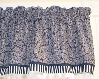 Navy Blue Paisley Valance 17x44 – White on Blue Curtain – Rod Pocket Window Topper – Custom Drapery – Handmade Home Décor