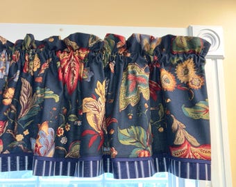 Jay Yang Jacobean Floral, Yellow Orange Blue Gold on Navy Handmade 17x54 Window Valance, Kitchen Bathroom Curtain Topper Bedroom Custom