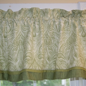 Sage Green White Paisley Valance – P Kaufmann Fabric – 17x56 Curtain – Custom Window Treatment
