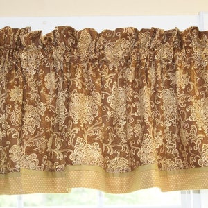 Brown Beige Gold Valance 17x44 – Scroll Print Curtain  Handmade Medium Weight Window Topper for Kitchen Living Room or Bedroom Custom Orders