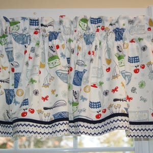 White Kitchen Gadget Valance 17x44 | Handmade Window Topper | Blue Gold Red Green Curtain | Custom Cotton Valance