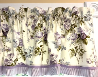 Handmade 17x44 Waverly Lavender Floral Window Valance, Sage Green & Off-White Curtain Topper, Cottage Farmhouse Kitchen Bathroom Decor