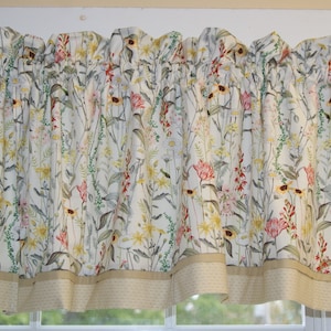 Beige Green Floral Valance – 17x44 Stemmed Flowers Curtain – Gold Stripe Accent – Handmade Kitchen, Living Room, Cottage Window Topper