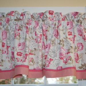 Red Pink Roses Valance 17x44 | Floral Sage Green Curtain Topper | Handmade Cotton Window Valance | Cottage Farmhouse Décor