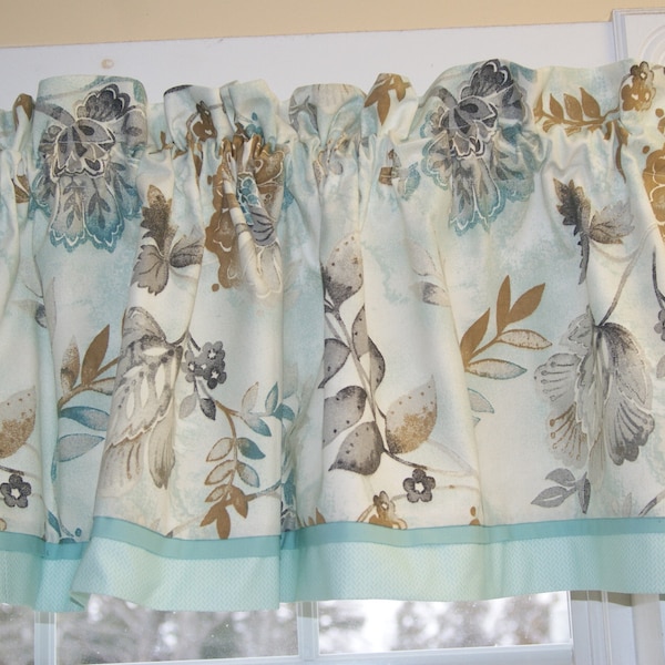 Teal Brown Black Gray White Valance Floral Kelly Ripa Light-hearted Spa 17 x 44 Can Alter Curtain Window Treatment Dressing Drapes