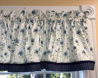 Blue Floral Valance Curtain, White Wildflower Kitchen Cottagecore Window Treatment, blue Trim Rustic Valance, Handmade Farmhouse Decor
