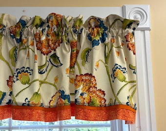 Handmade Jacobean Floral Valance, Orange Blue Green Window Curtain Topper, Cottage Farmhouse Kitchen Valance, Rustic Beige Rod Pocket
