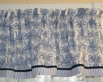 Blue White Pineapple Valance 17x44 – Michael Miller Curtain – Kitchen Window Topper Handmade Dressing Drapes Home Décor Custom Jobs
