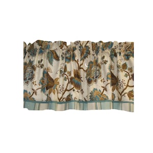 May include: A window valance featuring a cream-colored background with a floral pattern in shades of teal, brown, and tan. The top edge is gathered for a ruffled effect, and the bottom hem features a horizontal striped border in light blue.