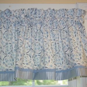 Blue Black Floral Valance 17x44 – Crisp Petals Curtain Topper | Custom Window Treatment | Handmade Drapery Decor