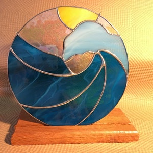 Stained Glass Tidal Wave Nautical Water Sun Catcher Window Panel Glass ...