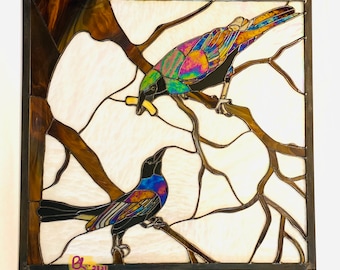 Custom Stained Glass Blackbirds Crow Raven Custom Handmade Grackles