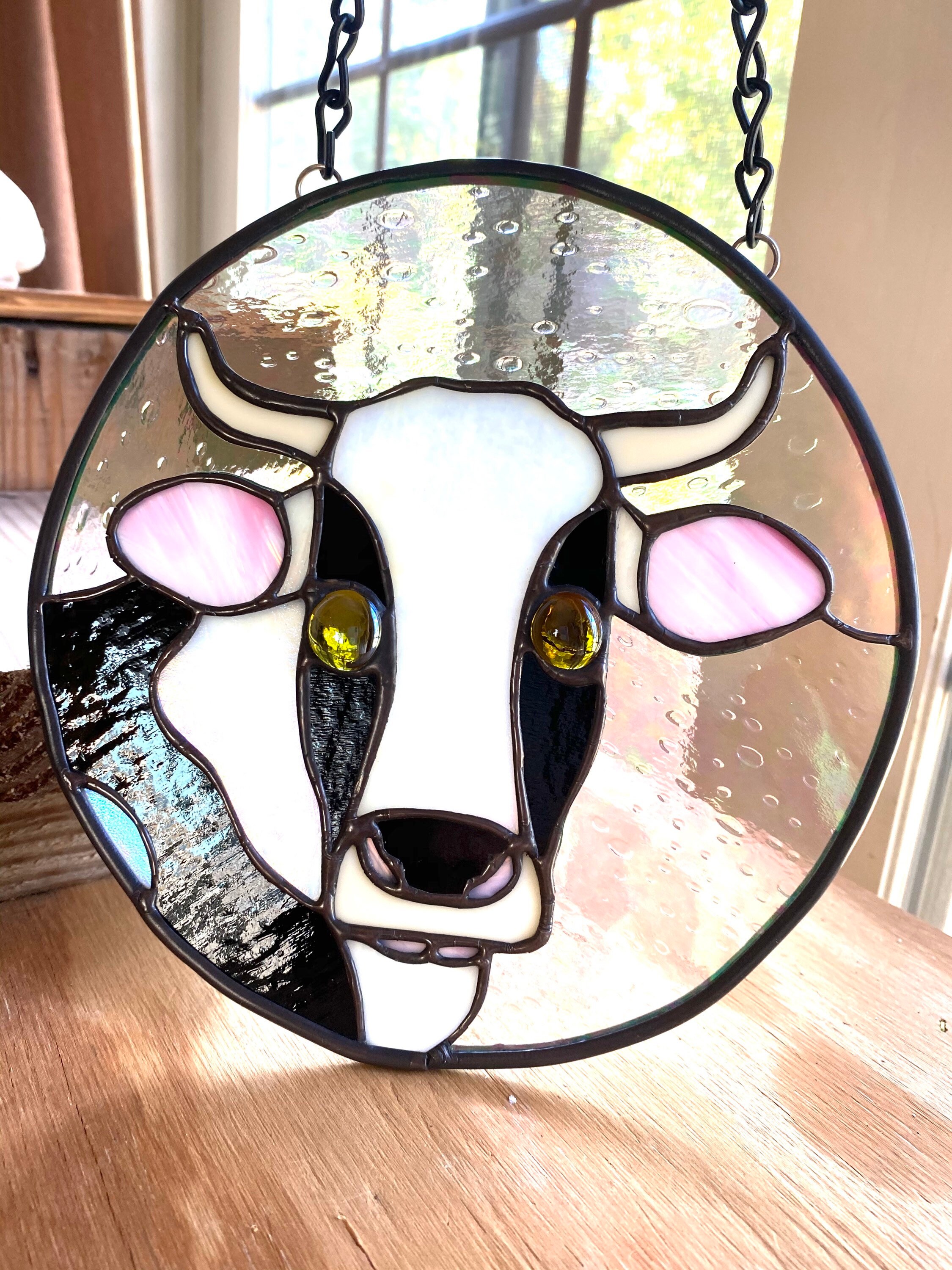 Handmade Stained Glass Dairy Cow Suncatcher Panel Window Etsy