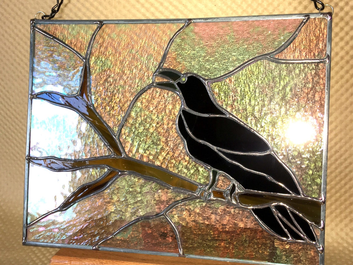 Crow Raven Stained Glass Panel or Sun Catcher Handmade Wall Etsy