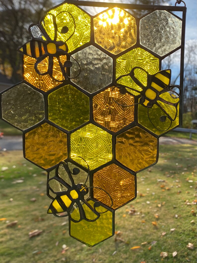 Stained Glass With Bees Suncatcher Handmade Organic Etsy Canada