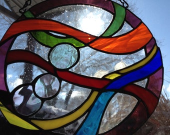 Hecho a mano geométrico colorido arco iris vidrieras círculo sun catcher decoración de arte