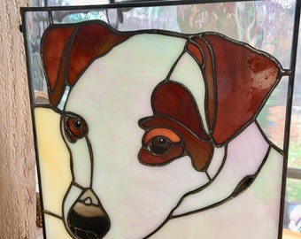 Pet Custom Portrait Jack Russel Terrier Stained Glass Memorialized Memorial Sun Catcher Dog Cat Animal