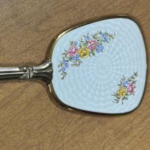 Guilloché Art Deco 1940s Vintage White and Gold Toned Metal Vanity Hand Mirror with Delicate Pink, Yellow and Blue Flowers