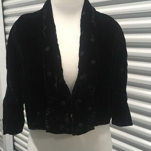 Vintage 1960s 1970s Women&#39;s Black Velvet Short Jacket with Black Stitches Polka Dot Collar ~ Approx Size Large/XL