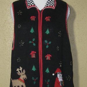 Lemon Grass 1990s 2000s Plus Size Women&#39;s Vintage Ugly Christmas Sweater Zippered Embroidered and Beaded Vest- Size 2X