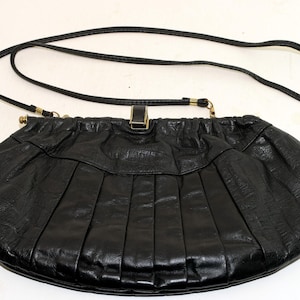 1970&#39;s Vintage American Genuine Leather Black Pleated Soft and Animal Skin Print Leather Clutch with Gold Metal Accessories and Drop Strap