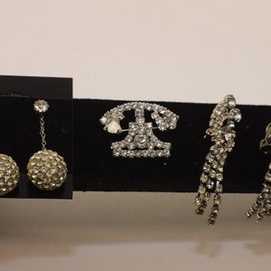Rhinestone Vintage Jewelry Lot - 2 Sets of Earrings and 1 Pin