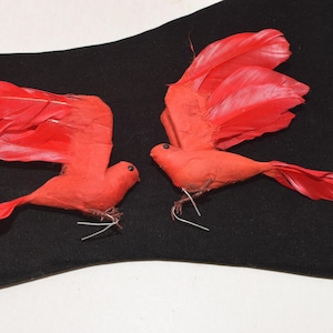 Vintage Set of Two Feathered Flocked Red Cardinals Christmas Tree Decorations and Bird Ornaments with Attached Wires for Display
