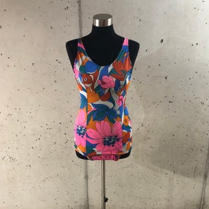 Ocean New York 1960s Vintage Bright Pink and Orange Floral One-Piece Bathing Suit - Size 36