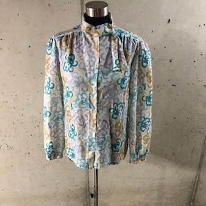 Devon 1970s 1980s Women&#39;s Plus Size Abstract Blue, Tan, Purple, and White Floral Blouse - Size 18