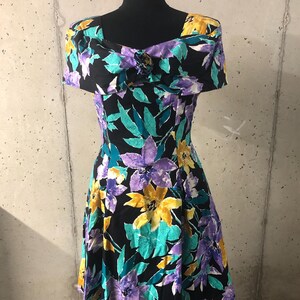 1980s 1990s Vintage Women&#39;s Purple, Green, Teal, Gold, White, & Black Abstract Floral 100% Cotton Prom Party Dress - Size 13