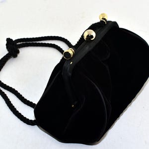 La Regale LTD Vintage 1960s Women&#39;s Black Velvet Evening Bag Velour Clutch with Gold Metal Accents & Braided Rope Strap - Hand Made in China