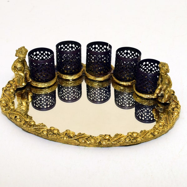 Vintage Ornate Gold Mirrored Lipstick Holder with Cherub Statues