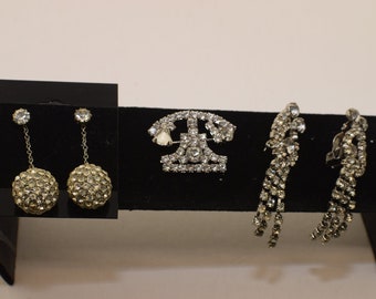 Rhinestone Vintage Jewelry Lot - 2 Sets of Earrings and 1 Pin