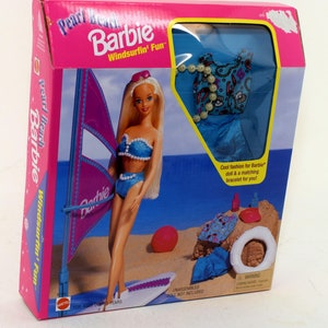 RARE 1997 Pearl Beach Barbie Windsurfin&#39; Fun with Windsurf Board, Barbie Outfit, & Bracelet - Barbie Doll by Mattel Accessories (NIB, NRFB)
