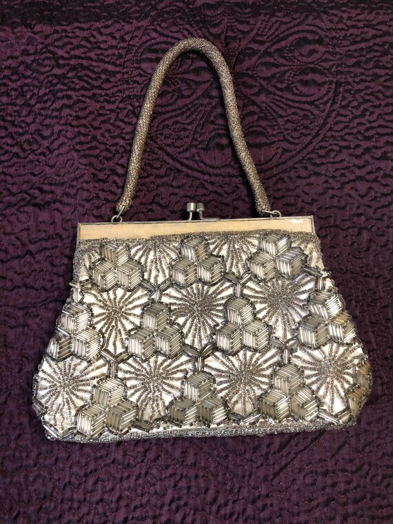 Vintage Beaded Satin Silver and Cream Purse - image 2