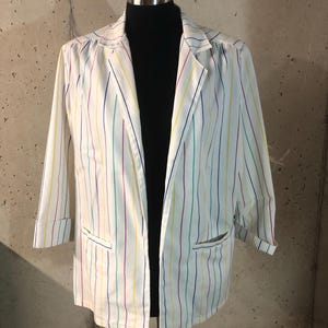 Alfred Dunner Plus Size 1980s 1990s Vintage Rainbow Striped Women&#39;s 3/4 Sleeve White Blazer - Size 16