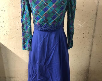 Samatha Edwards anni '80 e '90 Vintage verde, viola, nero, oro e blu astratto plaid abito midi da donna - circa taglia 10-12