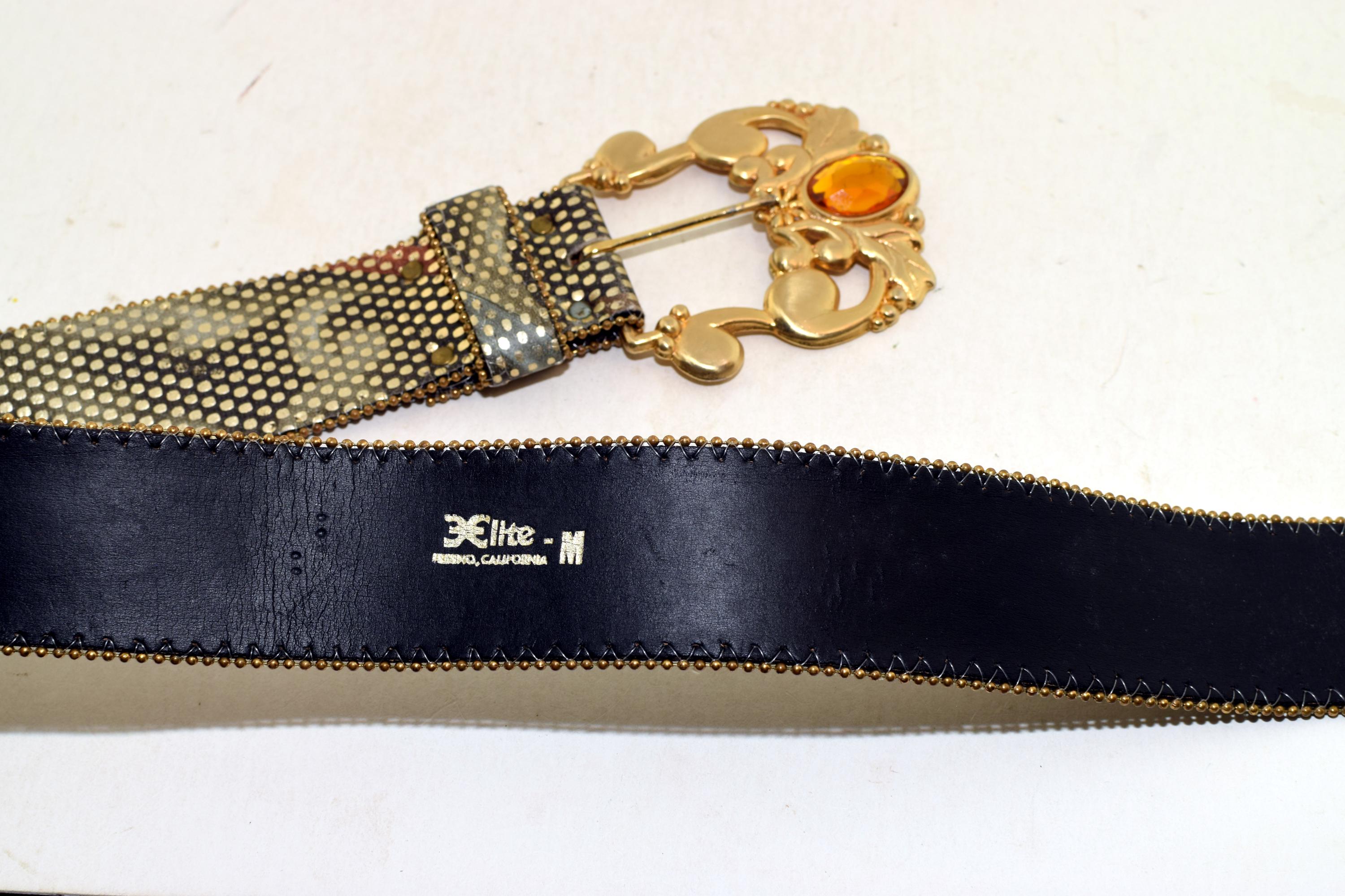 1980s Vintage Gold and Black Statement Buckle Elite Fresno, California Belt Vintage 80s Elite Fresno California Belt, Checkered Gold  main image 3