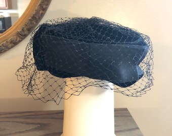 1950's Black Velvet Pillbox Hat with Black Netting and Bow