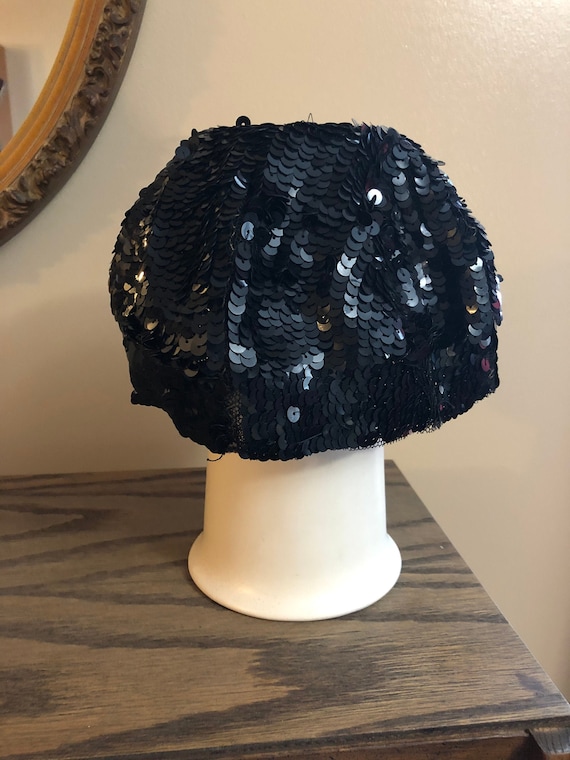 1950's Black Sequin Pillbox Hat