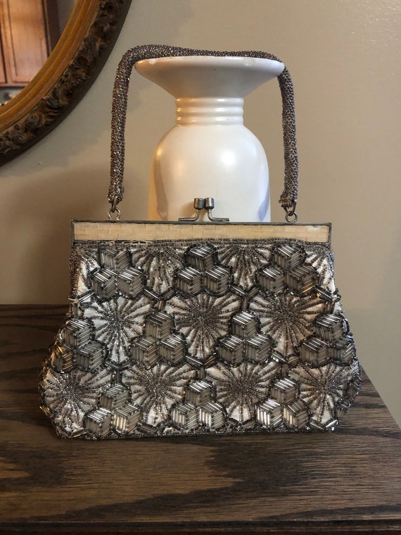 Vintage Beaded Satin Silver and Cream Purse - image 1